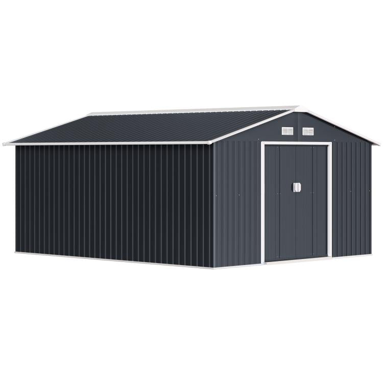 Dark gray metal storage shed with gable roof and double doors
