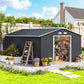 Dark gray metal garden shed with open side door, storage interior visible