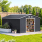 Dark gray metal garden shed with open side door, tools and bike storage