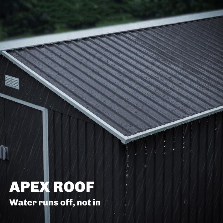 Apex roof of dark metal shed with drainage edge and corrugated panels