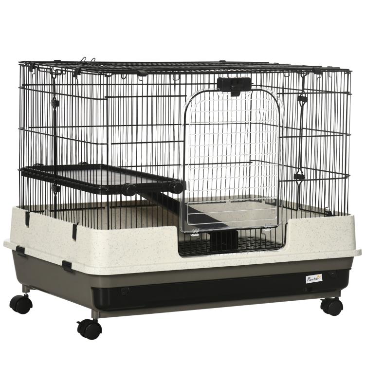 2-tier rolling small animal cage with black wire panels and light beige base