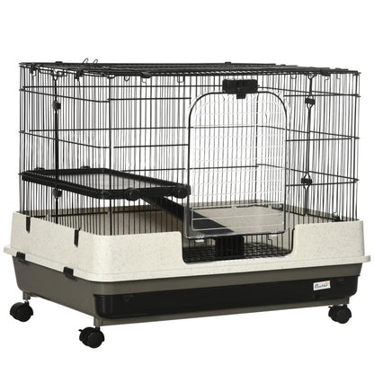 2-tier rolling small animal cage with black wire panels and light beige base