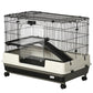 2-tier rolling small animal cage with black wire sides, ramp platform, and beige base