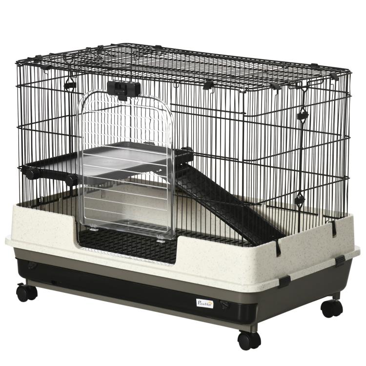 2-tier rolling small animal cage with black wire sides, ramp platform, and beige base