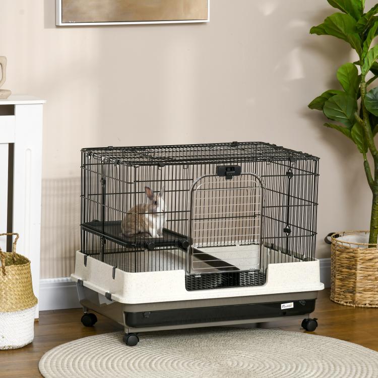 2-tier rolling small animal cage with front access door, black wire frame, beige base