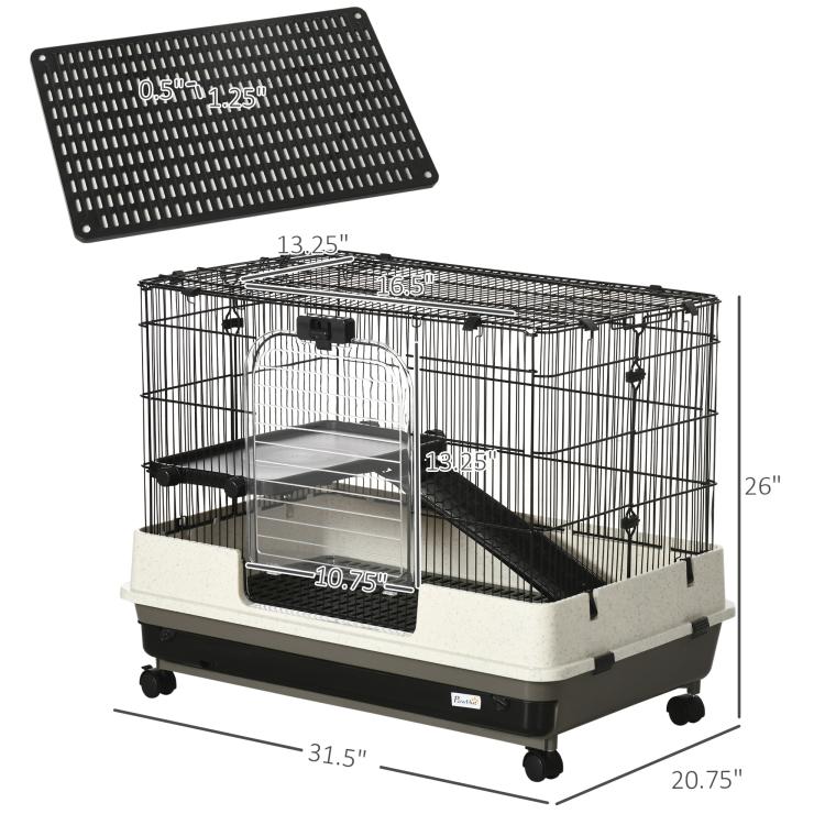 2-tier rolling small animal cage with ramp and removable divider, black wire and beige base