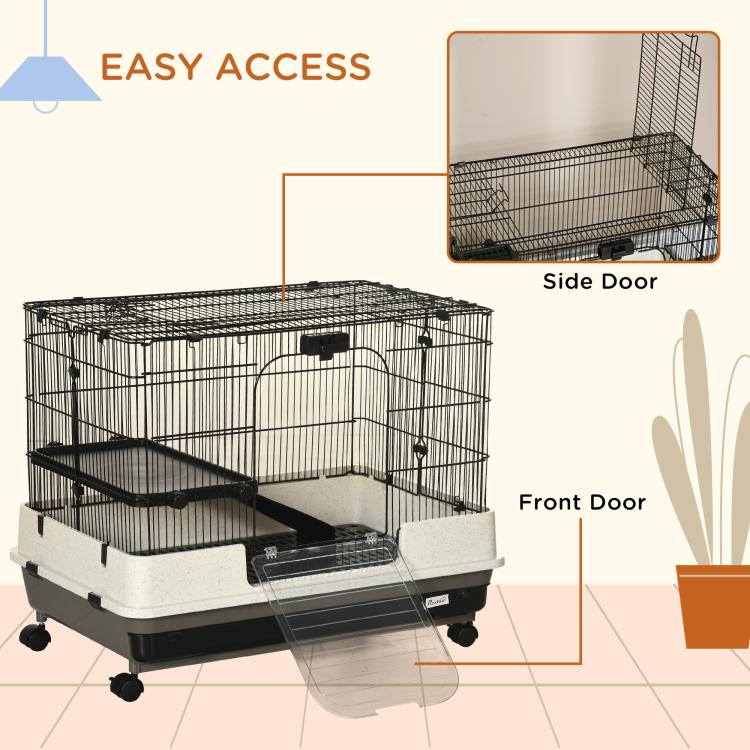2-tier rolling small animal cage with front and side door openings on caster wheels