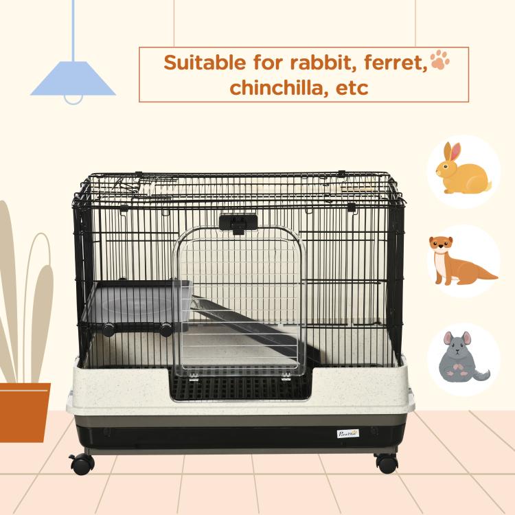 2-tier rolling small animal cage with arched door and ramp, black wire and beige base