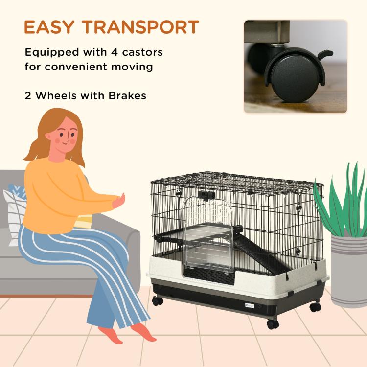2-tier rolling small animal cage with four caster wheels and black wire body