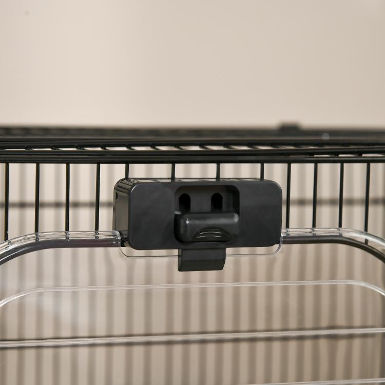2-tier small animal cage latch with black plastic door handle on wire frame