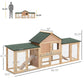 Two-story rabbit hutch size diagram with green roof and mesh doors