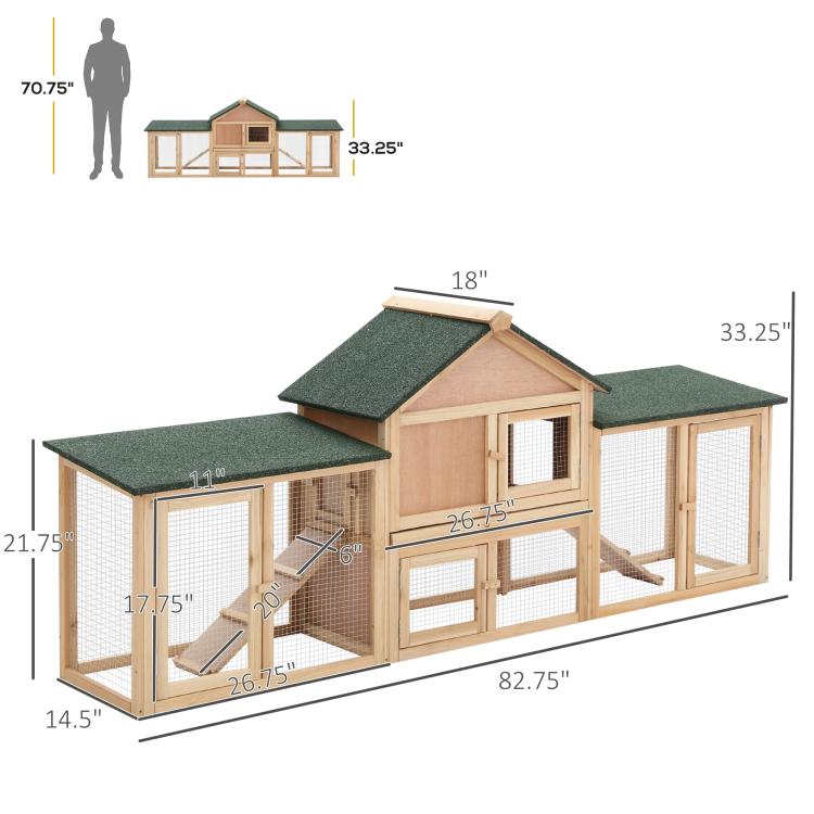 Two-story rabbit hutch size diagram with green roof and mesh doors