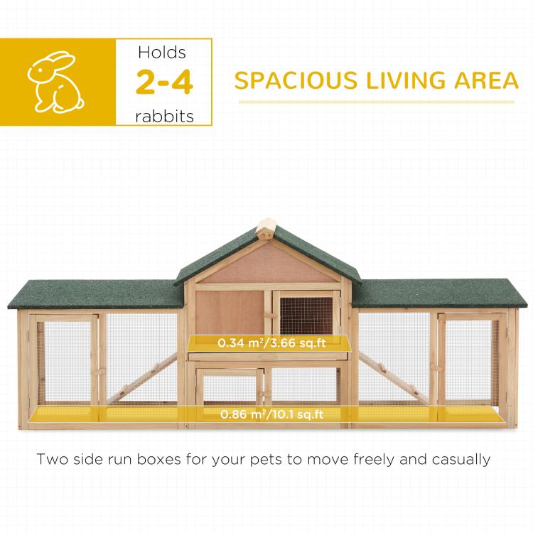 Rabbit hutch with two side run boxes and central wooden house