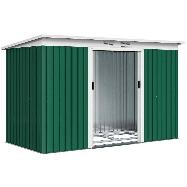 Dark green metal storage shed with double doors open, showing interior floor and walls