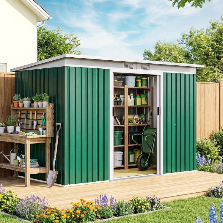 Dark green metal outdoor storage shed with open double doors and shelves inside