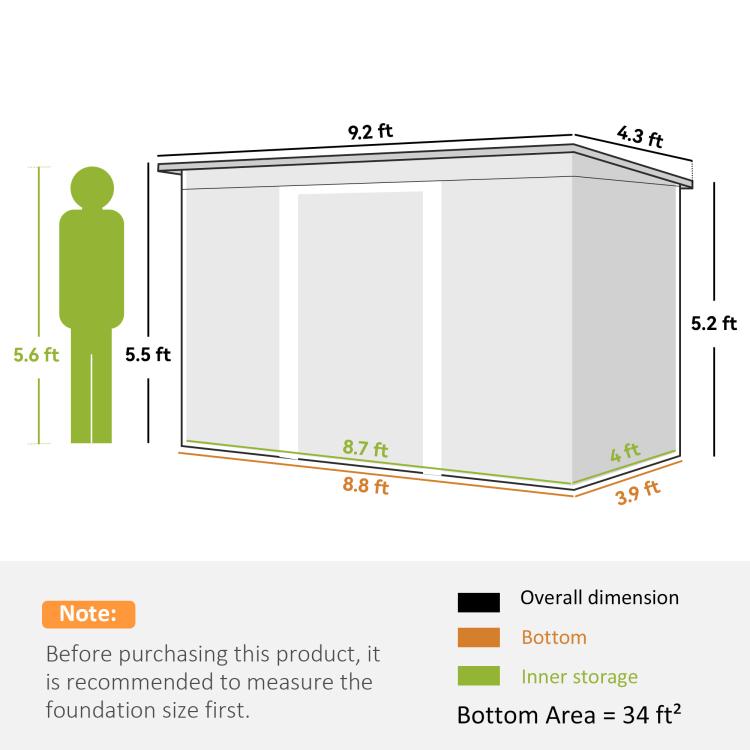 Outdoor storage shed size and layout diagram with labeled dimensions and bottom area