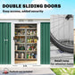 Outdoor metal storage shed with double sliding doors open; shelves visible inside