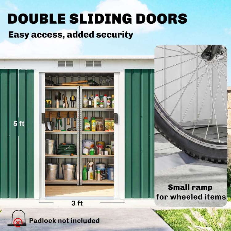 Outdoor metal storage shed with double sliding doors open; shelves visible inside