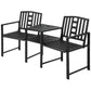 Black metal patio bench set with slatted seats and central tabletop for two