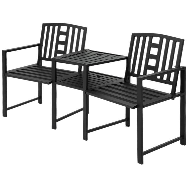 Black metal patio bench set with slatted seats and central tabletop for two