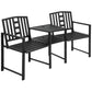 Black metal double patio bench with slatted seats, two chairs, and middle table