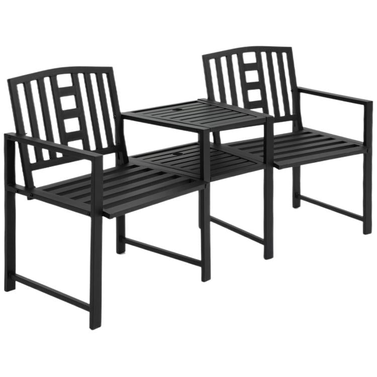 Black metal double patio bench with slatted seats, two chairs, and middle table