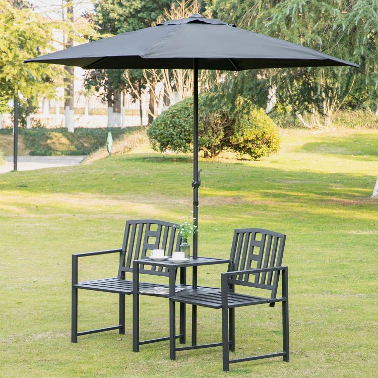 Black metal 2-person outdoor bench with umbrella-hole middle table