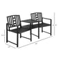 Black metal tete-a-tete bench with slatted seats, central coffee table, and frame