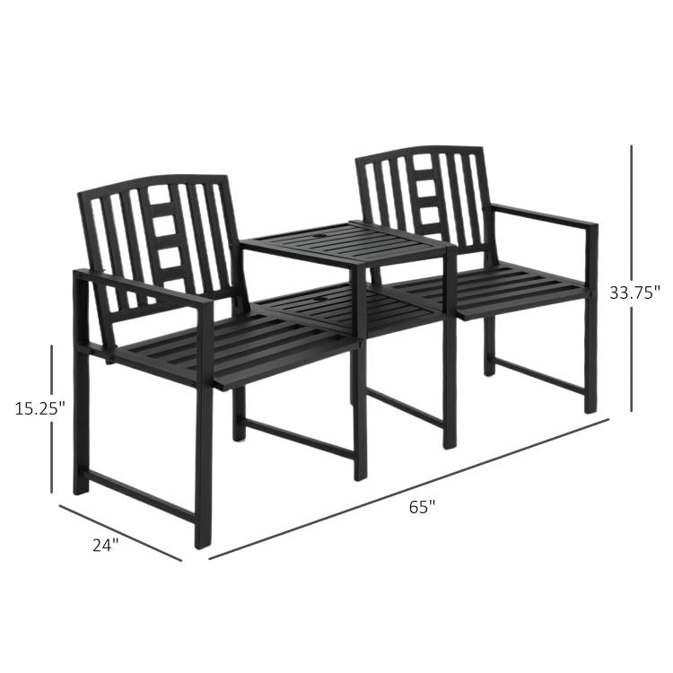 Black metal tete-a-tete bench with slatted seats, central coffee table, and frame
