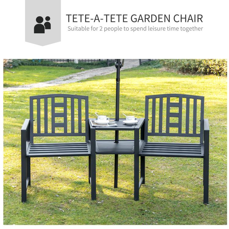 Two-person outdoor garden bench with slatted chairs and central middle table