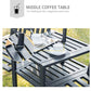 Close-up of black middle coffee table with umbrella hole and slatted surface