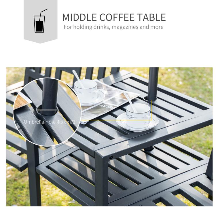 Close-up of black middle coffee table with umbrella hole and slatted surface