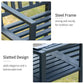 Dark metal frame and slatted design detail on outdoor bench