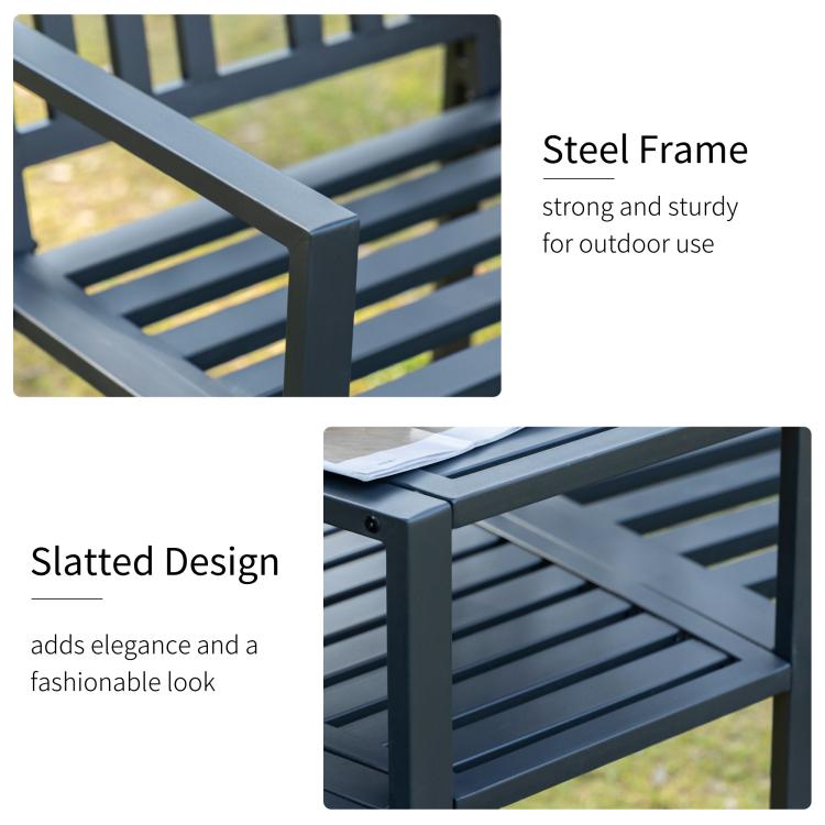 Dark metal frame and slatted design detail on outdoor bench