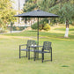 Outdoor double patio bench with umbrella hole, slatted chairs, and middle table