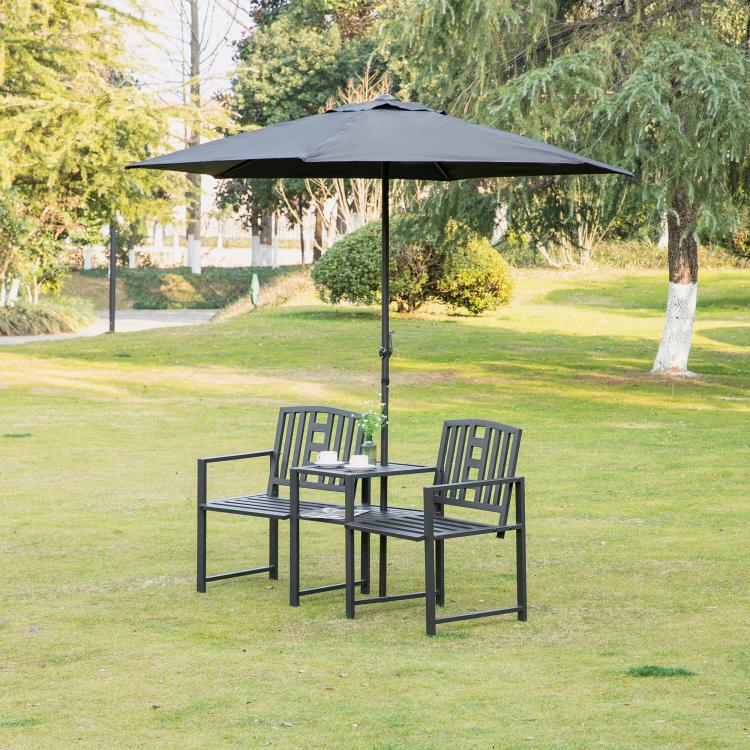 Outdoor double patio bench with umbrella hole, slatted chairs, and middle table