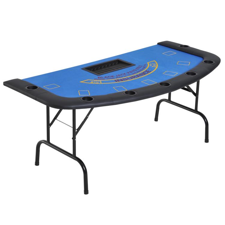 Foldable poker/blackjack table with blue felt top, chip tray window, and metal legs