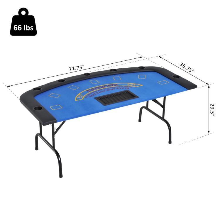 Foldable blue felt poker table, size shown with card shoe and cup holder openings