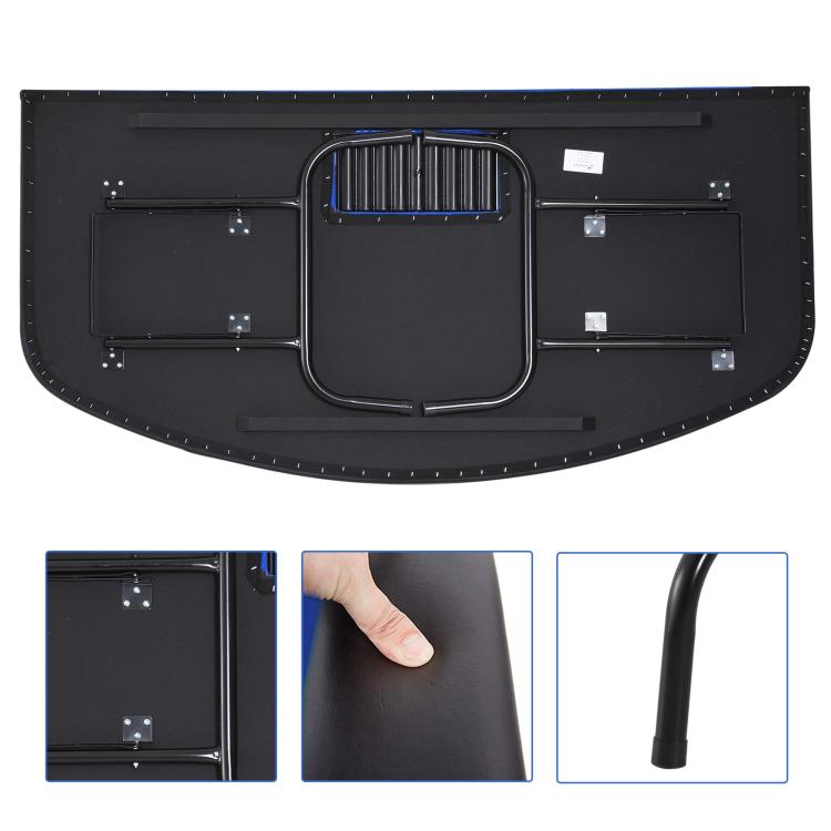 Underside view of foldable poker table with storage panels and card tray door