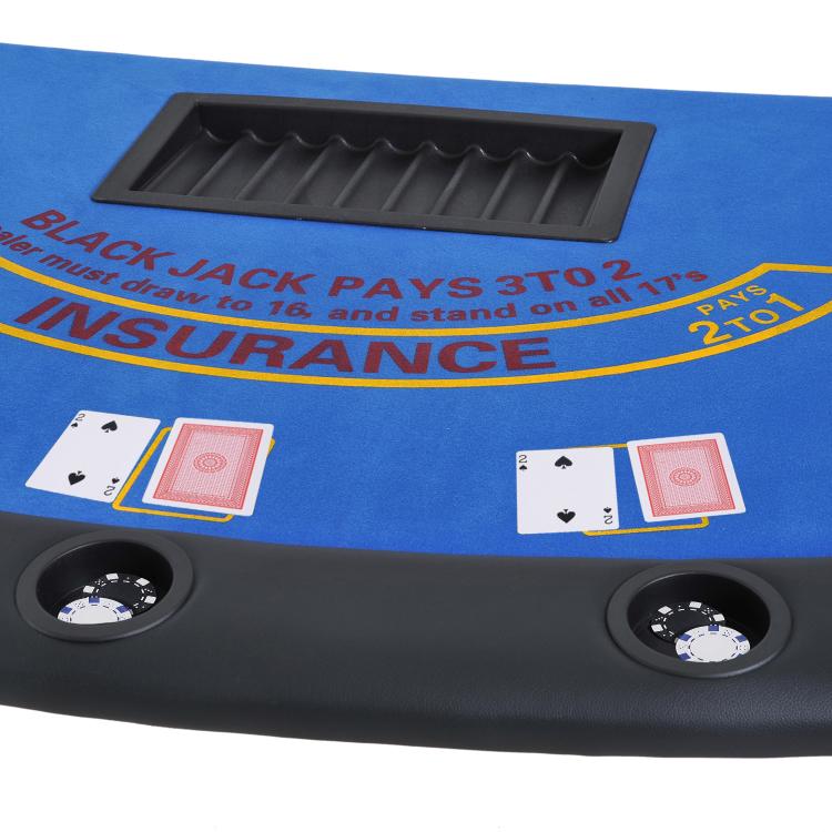 Poker table top with blue felt, card tray insert, and built-in roulette-style dials