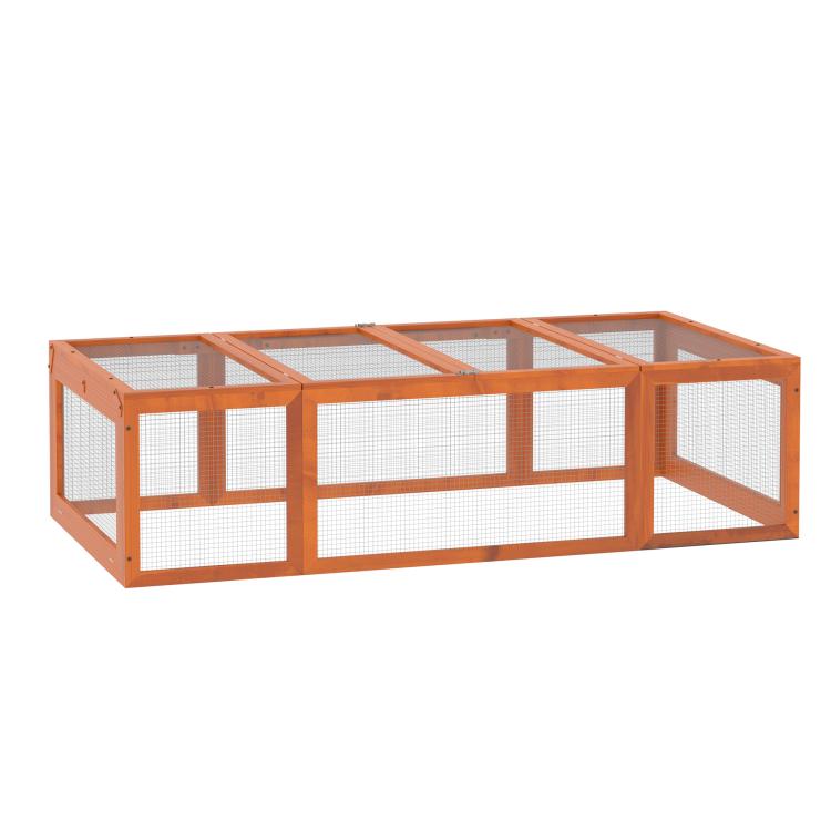 Rabbit hutch wooden enclosure with wire mesh panels and raised mesh roof