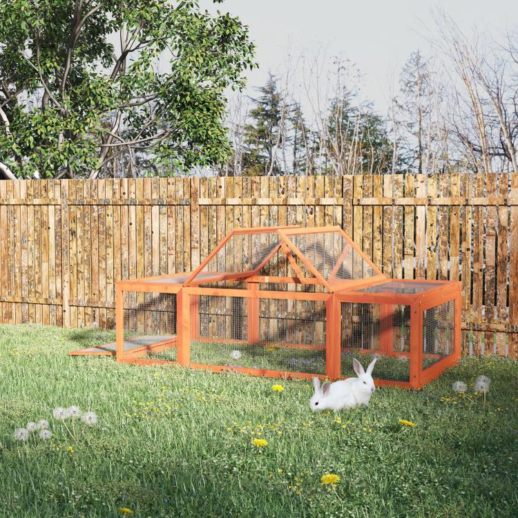 Rabbit hutch outdoor run with wire mesh panels and slanted top frame