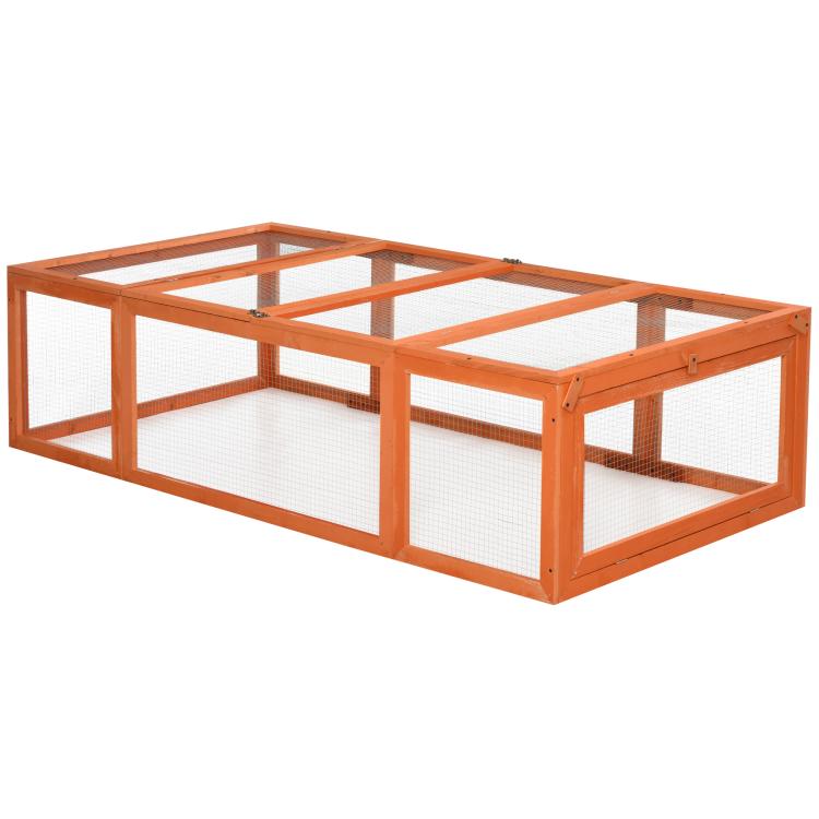 Wooden rabbit hutch enclosure with wire mesh panels and front access frame