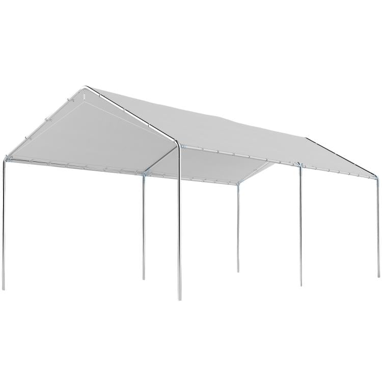 White carport canopy with galvanized steel posts and sloped roof cover