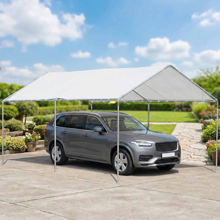 White heavy-duty carport canopy with galvanized steel frame and open sidewalls