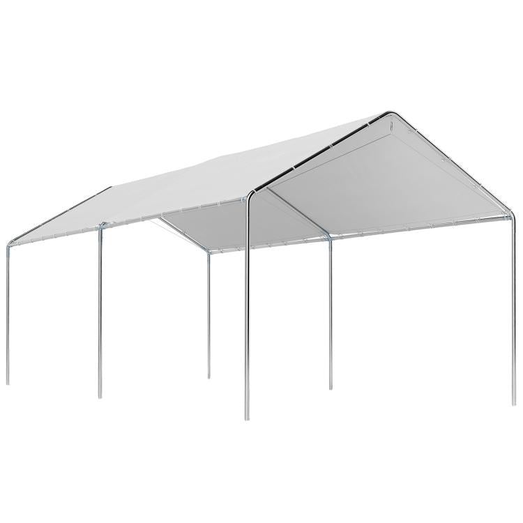 White carport canopy with galvanized steel legs and pitched roof, open sides