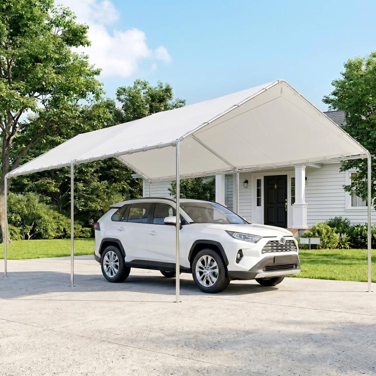 White carport canopy shelter over a parked SUV in a driveway