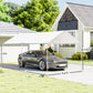 White carport canopy over a parked sedan with height and length guides
