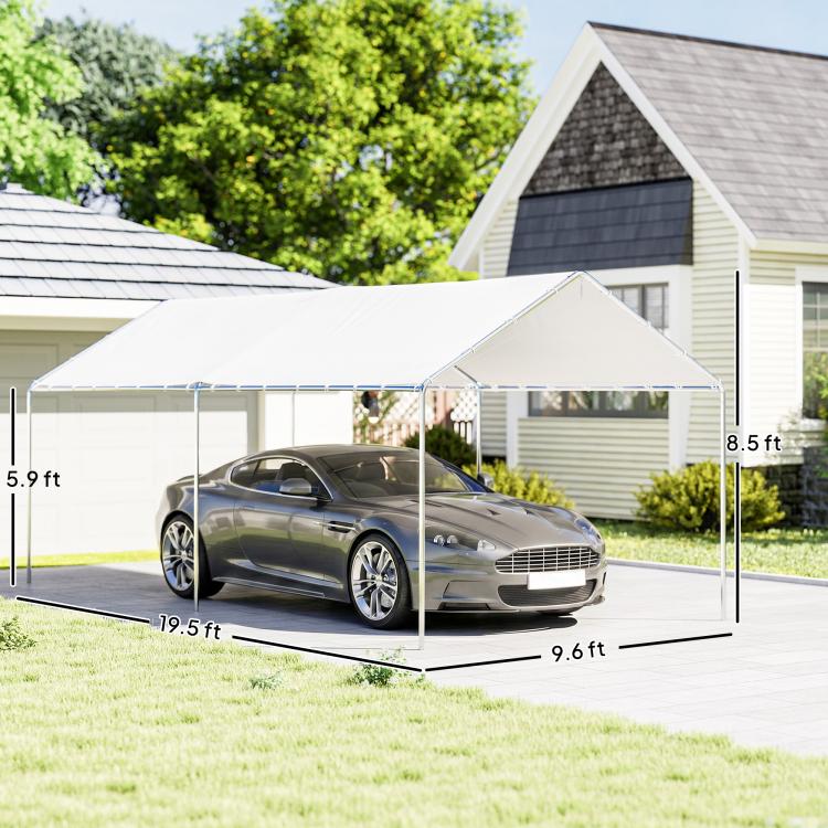 White carport canopy over a parked sedan with height and length guides