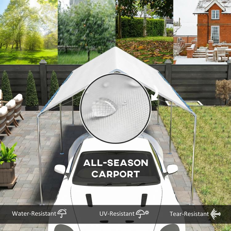 White outdoor carport canopy with arched roof over a car